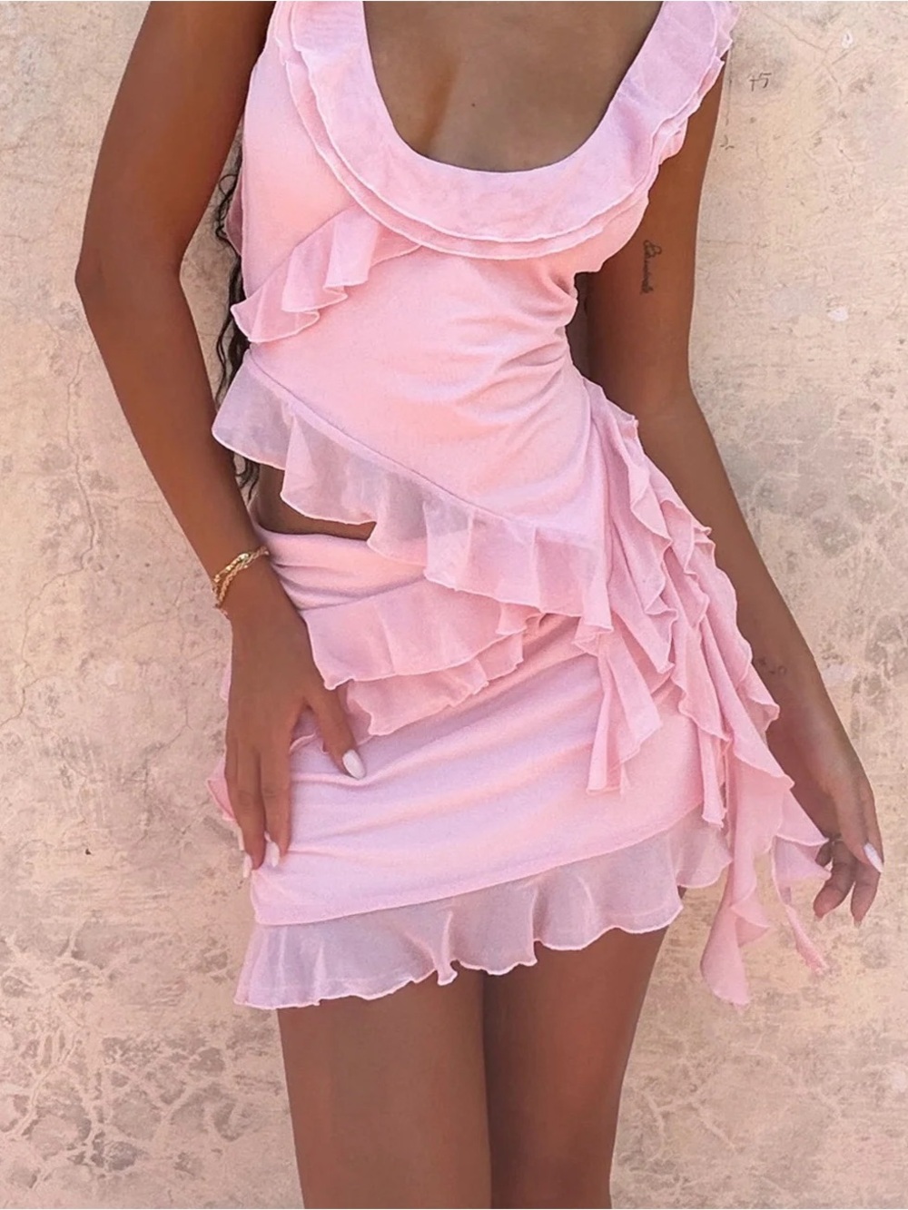 Tiger Mist Dusty Pink Ruffle Wrap Mini Skirt